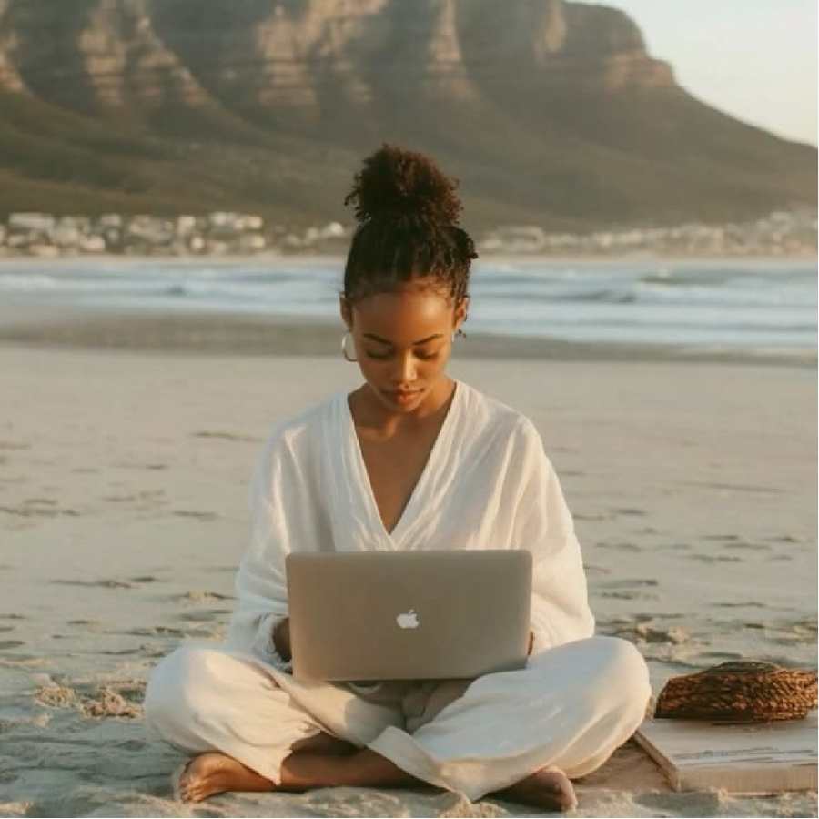 Een remote freelancer aan het werk op het strand